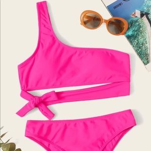 SHEIN Neon Pink Tie Front One Shoulder Bikini